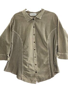 EZZE WEAR Women Snap Front 3/4 Sleeve Collard Shirt Sz L Green Casual 2A-2